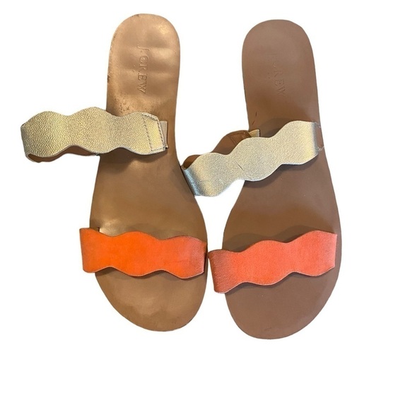 J.Crew Scalloped gold Metallic and orange Leather Sandals slides - Picture 3 of 10